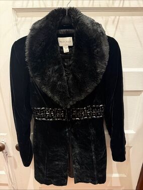 White House Black Market Black Velvet Coat with Faux-Fur Collar and Beaded Waist